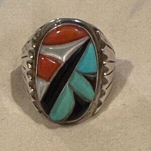 Turquoise Coral Obsidian and Abalone Shell Sterling Silver Ring